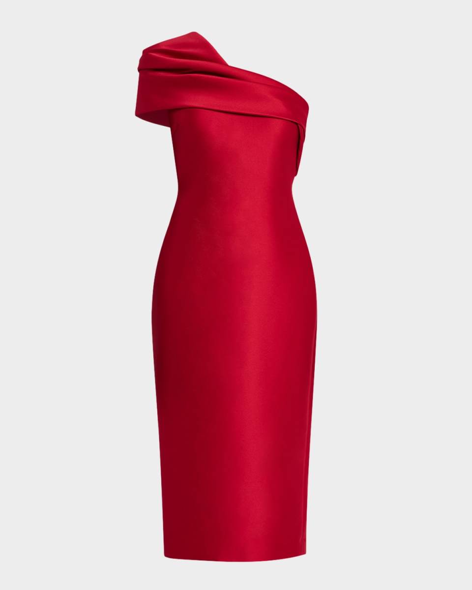 Pleated One-Shoulder Midi Dress